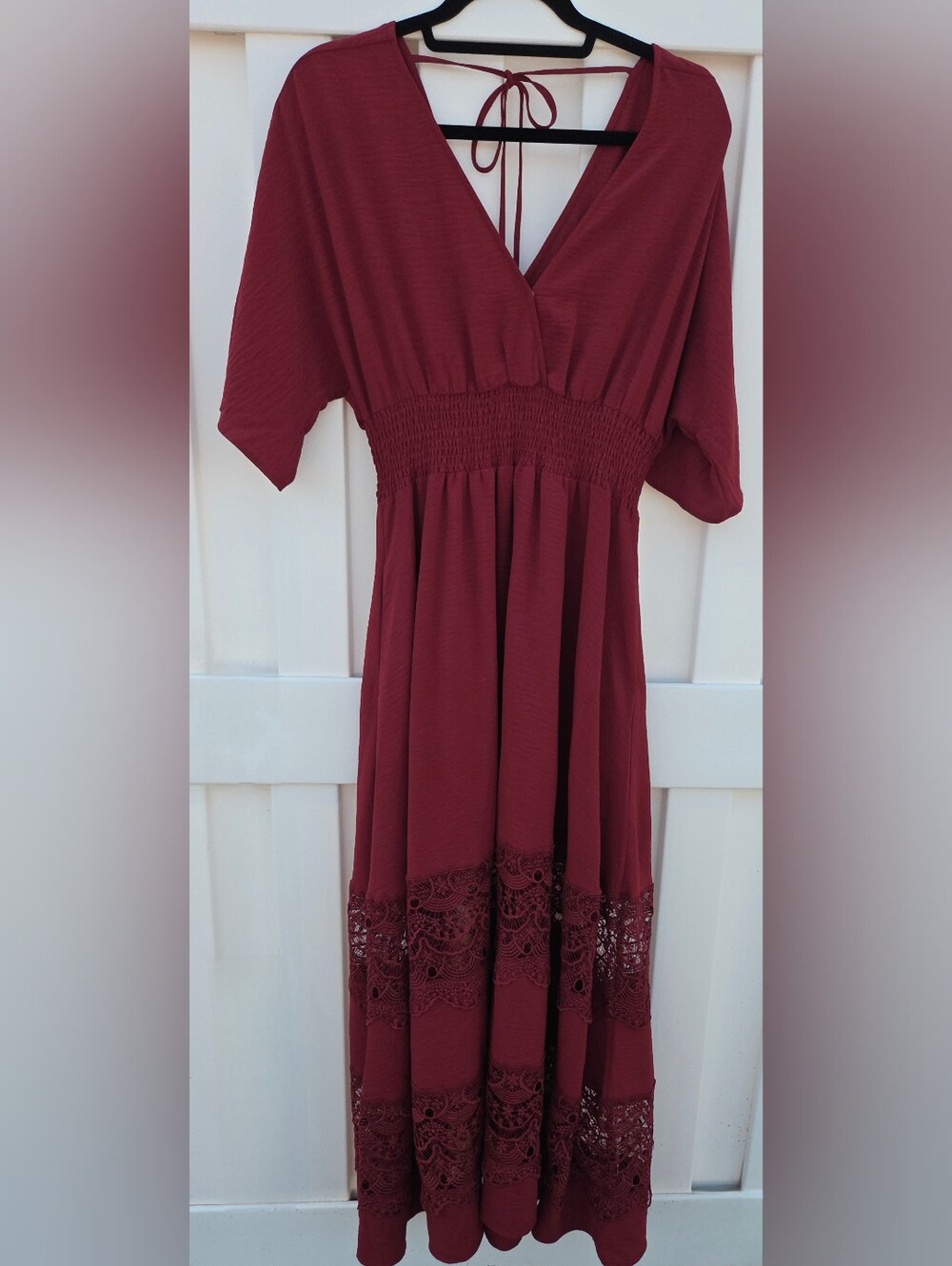 Women's Burgundy Maxi Dress with Lace Hem and Smocked Waist